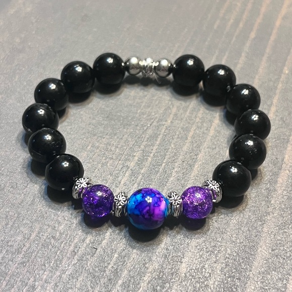Hand Crafted Jewelry - Hand Crafted Black and Purple Beaded Bracelet